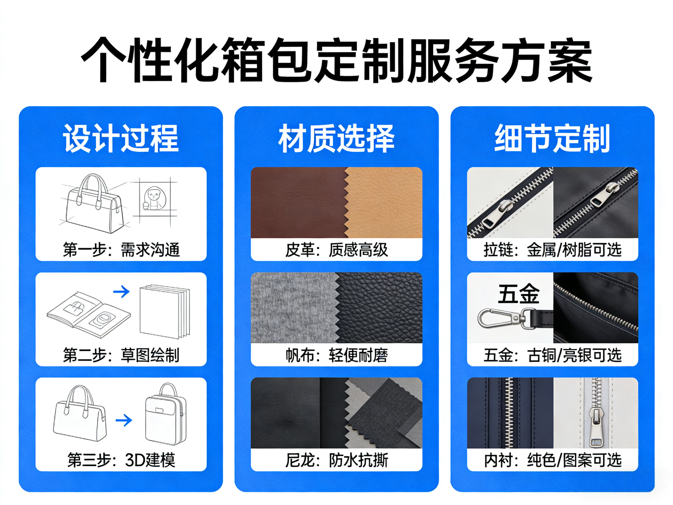 定制产品展示台,多种颜色款式箱包样品,个性化标识印刷,企业定制服务